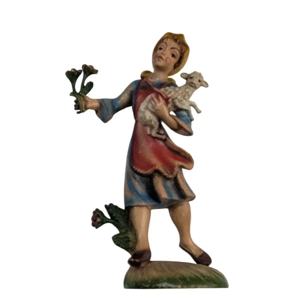 Vintage Italy Figurine Girl with Lamb and Flowers‎ 552/300 Resin